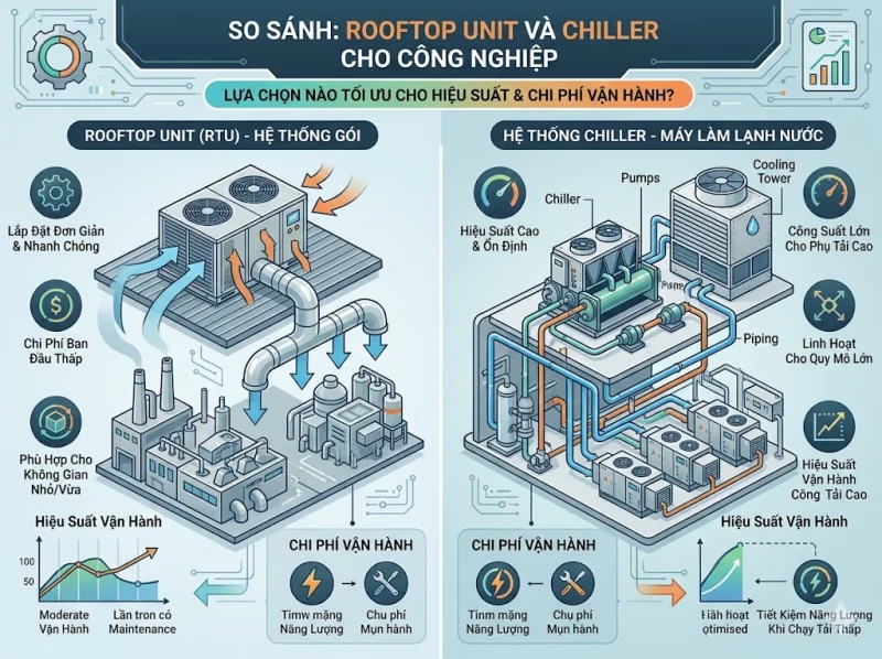 Rooftop Unit và Chiller: Lựa Chọn Nào Tối Ưu Cho Hiệu Suất & Chi Phí Vận Hành Công Nghiệp?