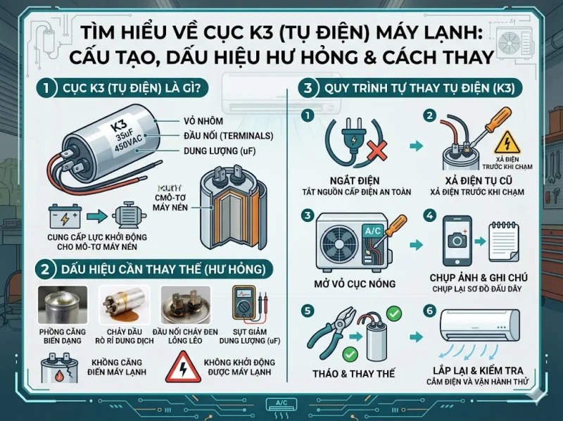 Cục K3 (Tụ Điện) Máy Lạnh Là Gì? Dấu Hiệu Hư Hỏng & Cách Tự Thay